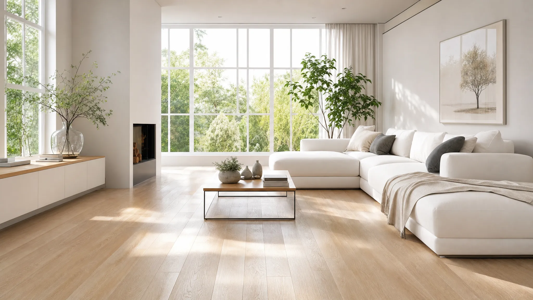 Güneş ışığıyla aydınlanan tertemiz modern oturma odası